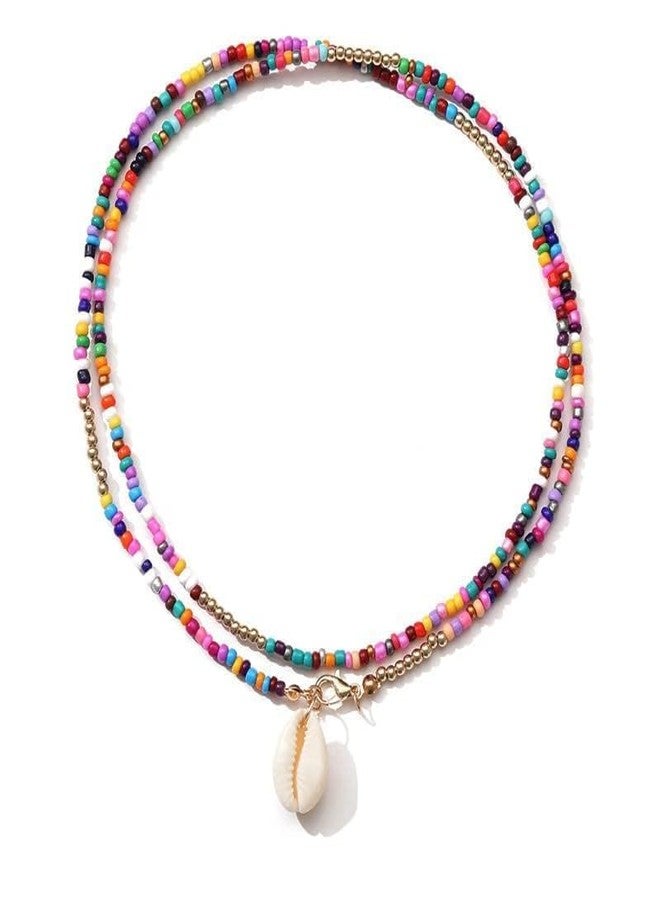 DreamAug Boho Beaded Choker Necklace with Cowrie Shell Pendant - Colorful Seed Bead Layered Beach Necklace for Women, Buckle - Image 1